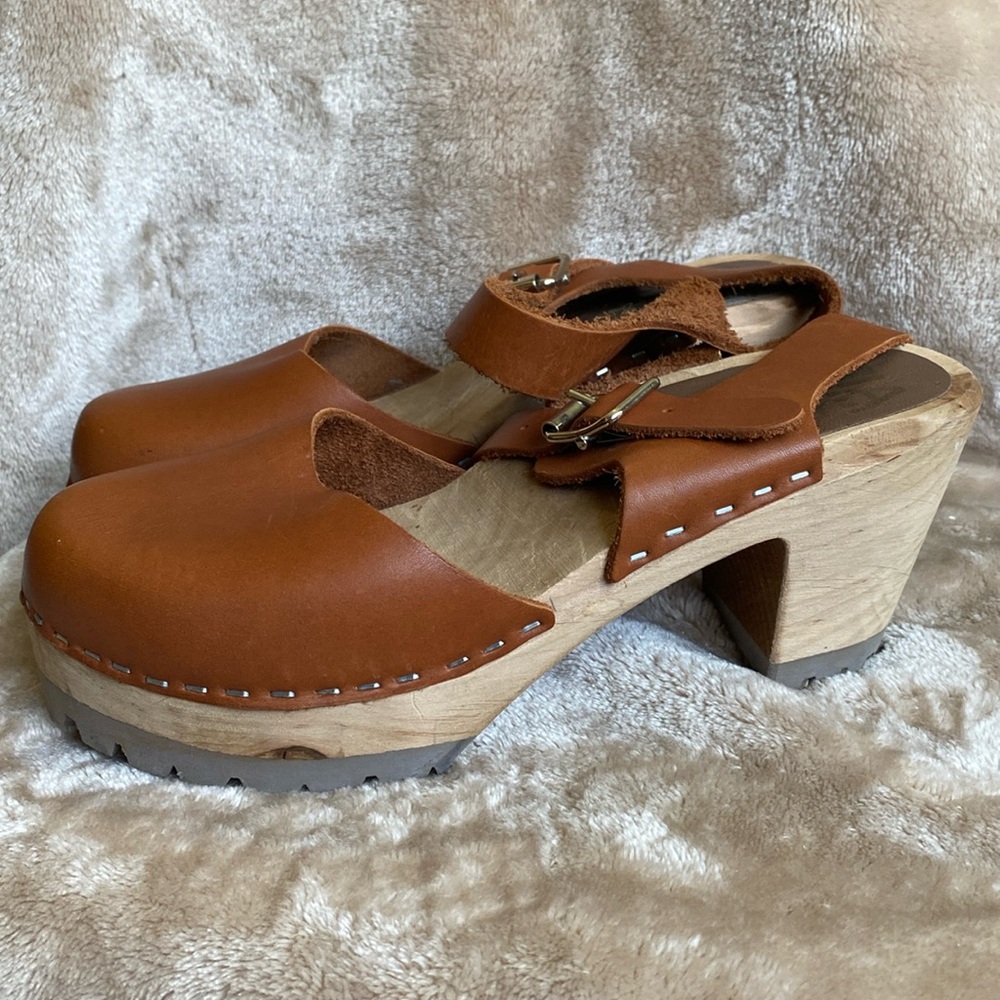 MIA Womens Abba Clog Sandals Brown Leather Wood Platform Heels 36 / 6US